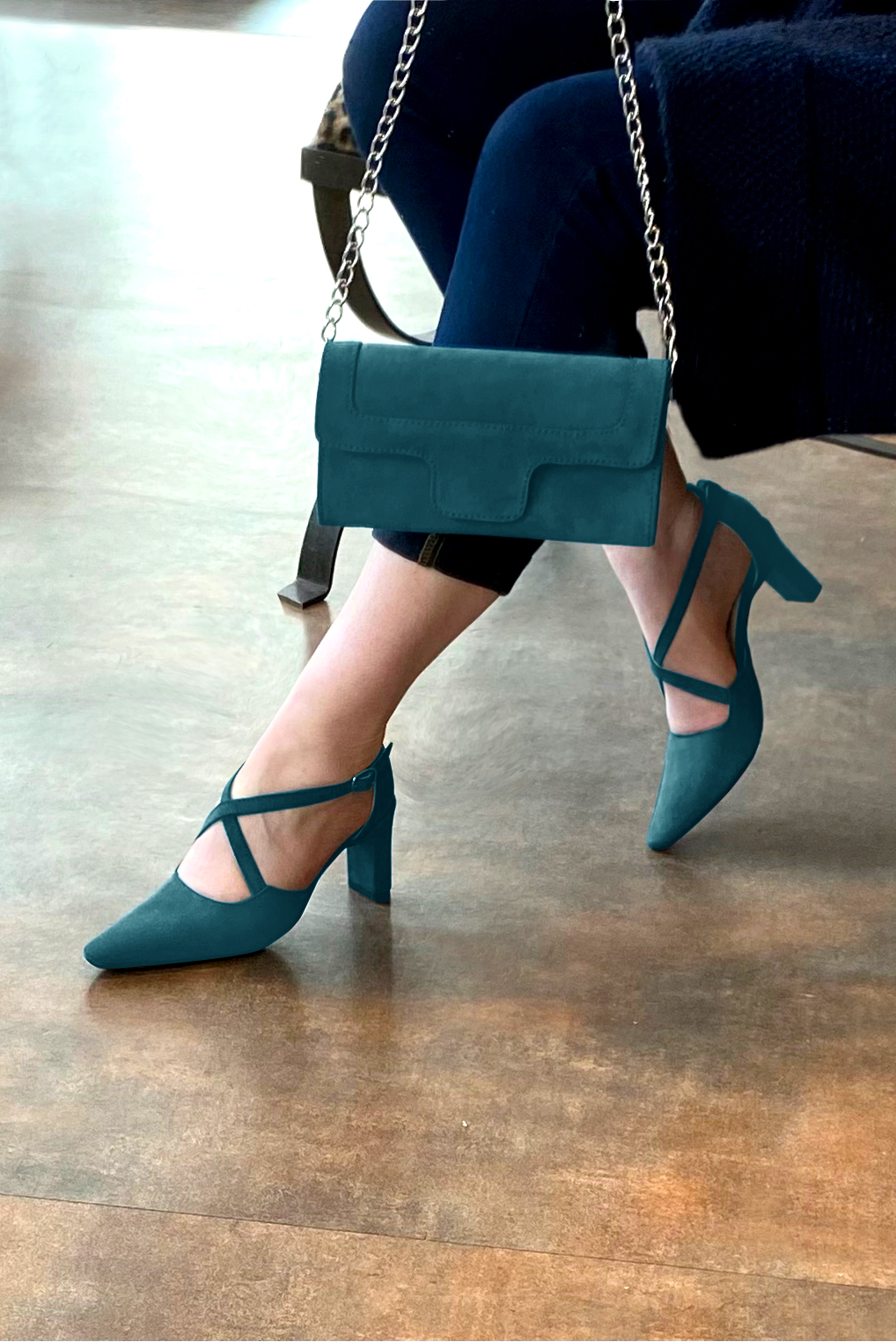 Peacock blue women's open side shoes, with crossed straps. Tapered toe. High comma heels. Worn view - Florence KOOIJMAN
